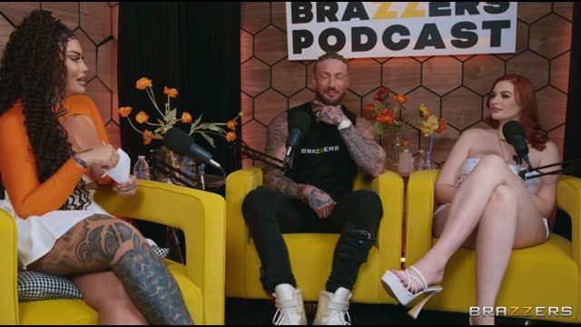 Redhead MILF on the Brazzers podcast has rough sex with two newcomers